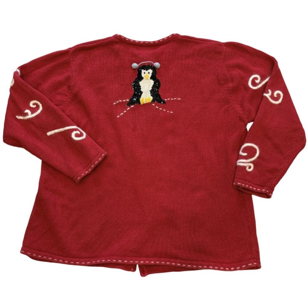 Quacker Factory Christmas Cardigan Sweater 1X Penguin Sequin Embroidered Vintage - Picture 4 of 7